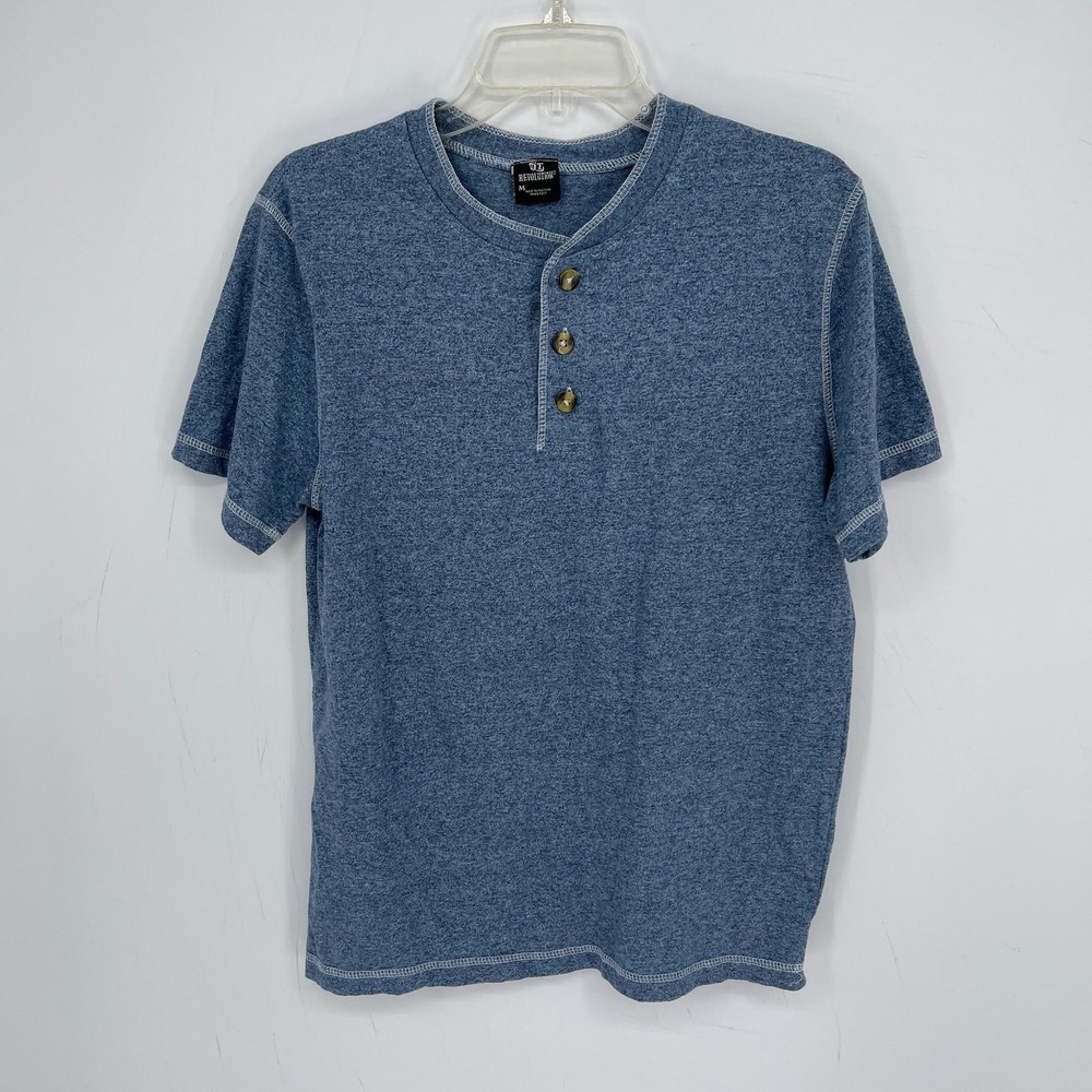 QT Revolution Men's Blue Contrast Stitch Short Sleeve Henley Top Shirt Size M